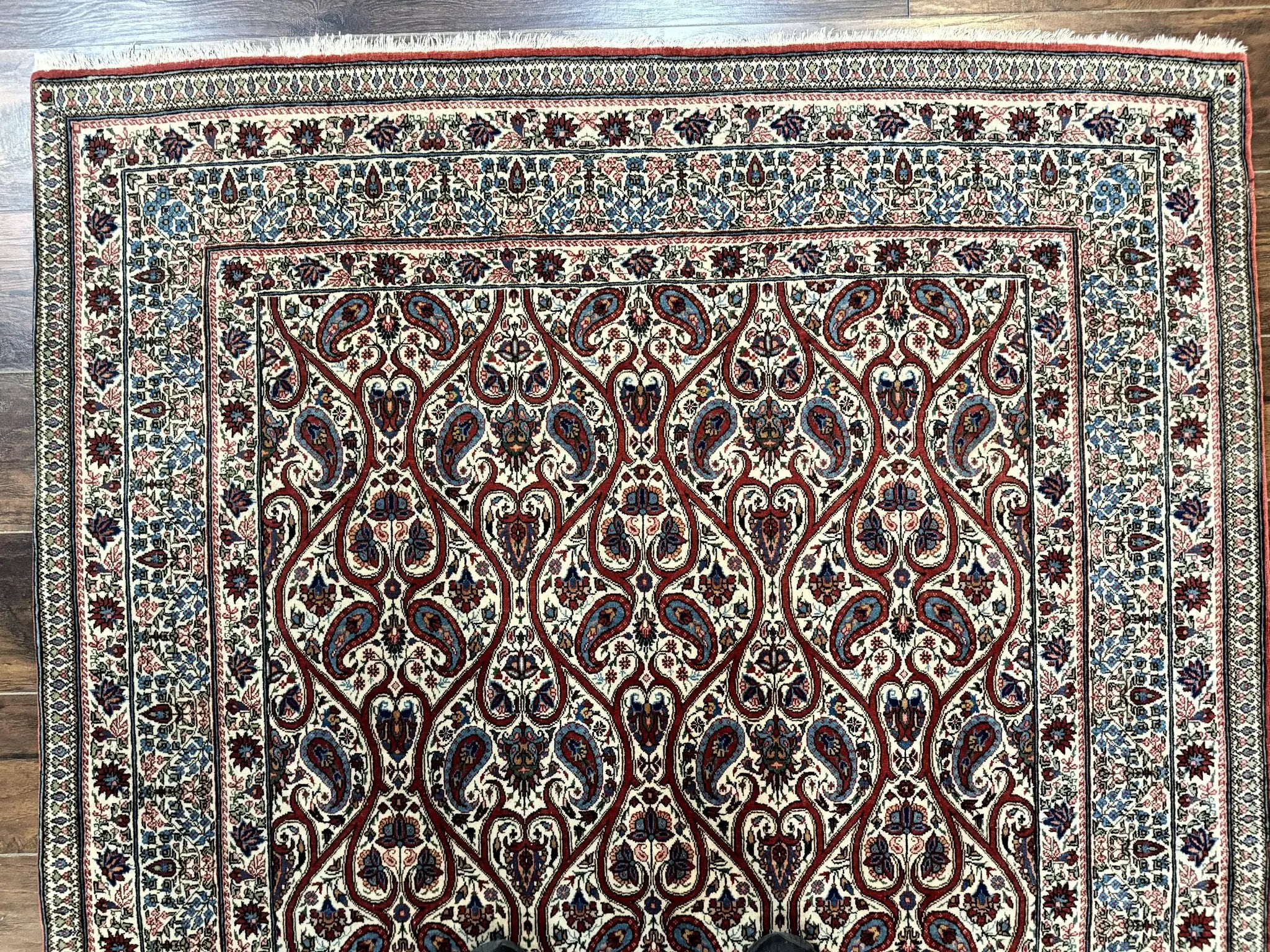 Unique Persian Qum Rug 5x7, Repeated Paisely Boteh Design, Ivory Red Blue, Handmade Antique Wool Persian Carpet, Finely Hand Knotted by Jewel Rugs