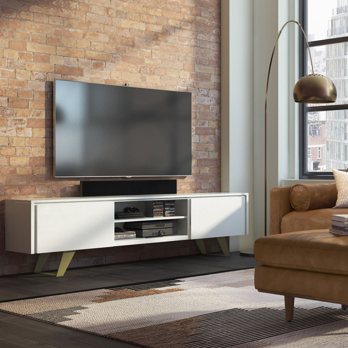Handcrafted Acacia Wood TV Stand with Metal Legs - Light Brown, Dark Brown, White, photo 10 of 31