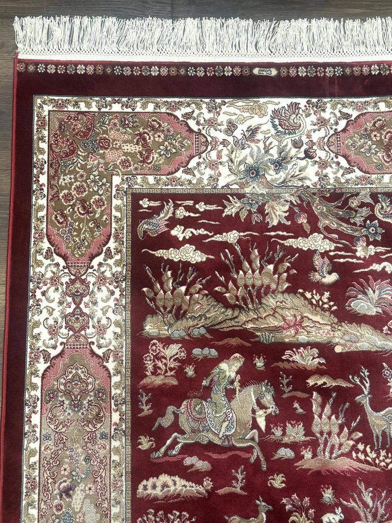 Turkish Silk Rug 3x5, Hunting Design, Dark Red & Ivory, Bamboo Silk, New by Jewel Rugs