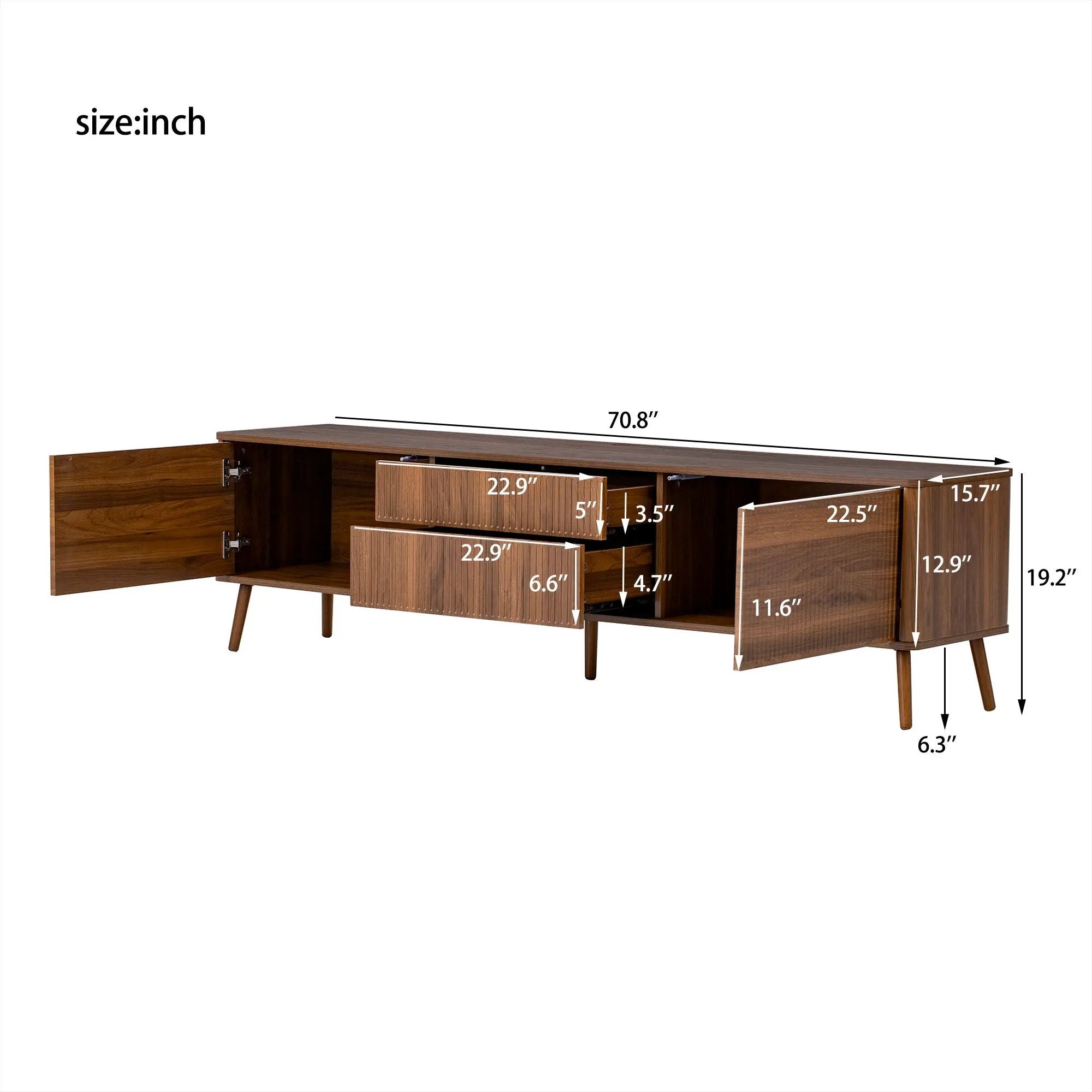 Fluted TV Stand With Storage Drawers And Cabinets For TVs Up To 80", Soft-Close Hinges, Cable Management - Walnut by HouseOfZazla