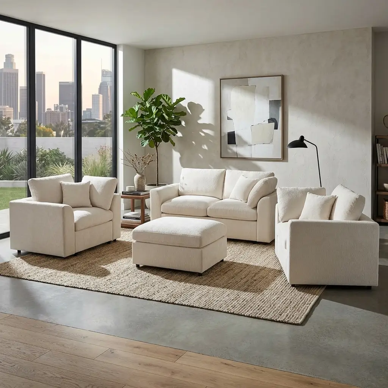 U-Style 4-Piece Sofa Set, 2 Accent Chairs + Loveseat + Movable Ottoman by HouseOfZazla