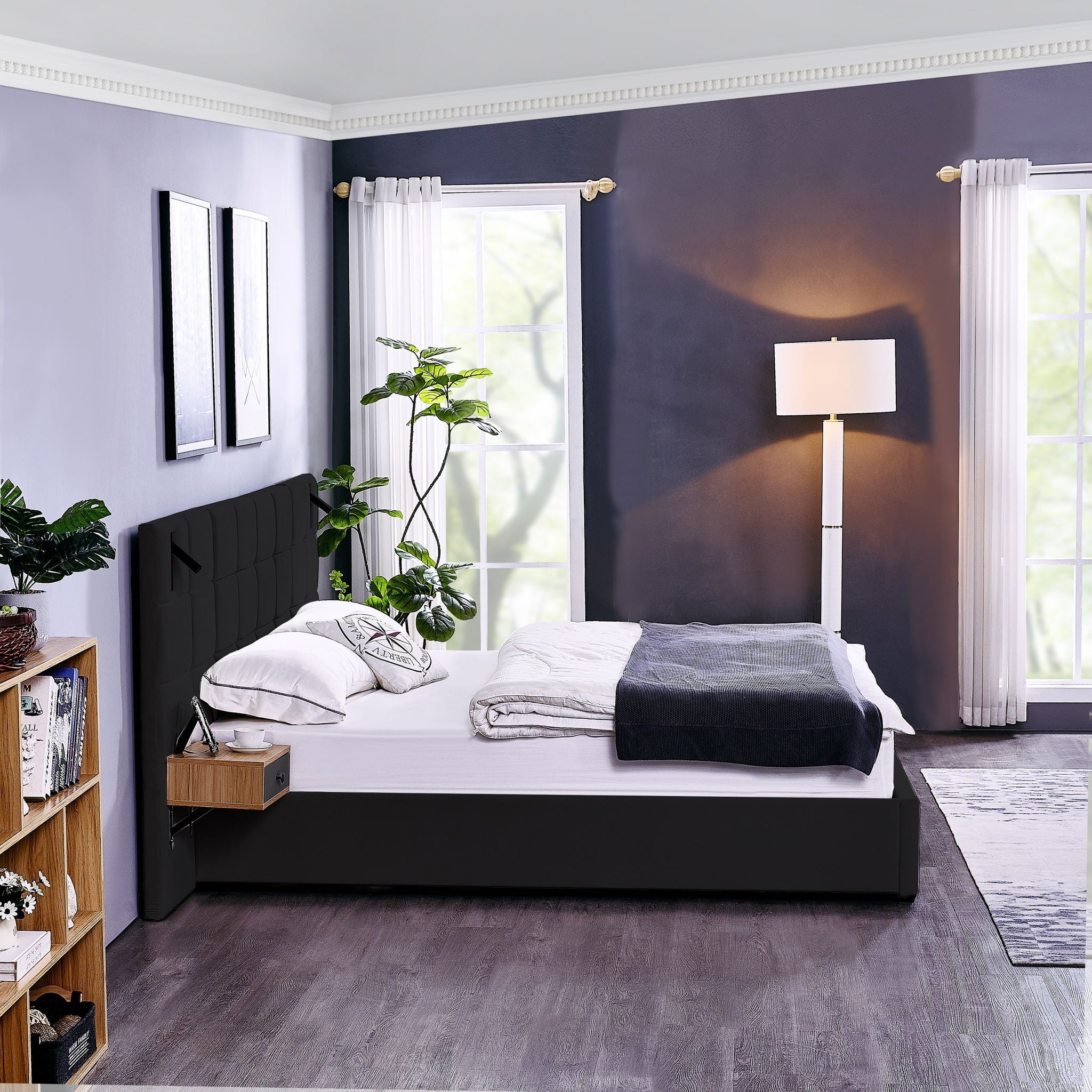 Upholstered Hydraulic Platform Bed With Storage Shelves, Reading Lamps, USB Port by HouseOfZazla