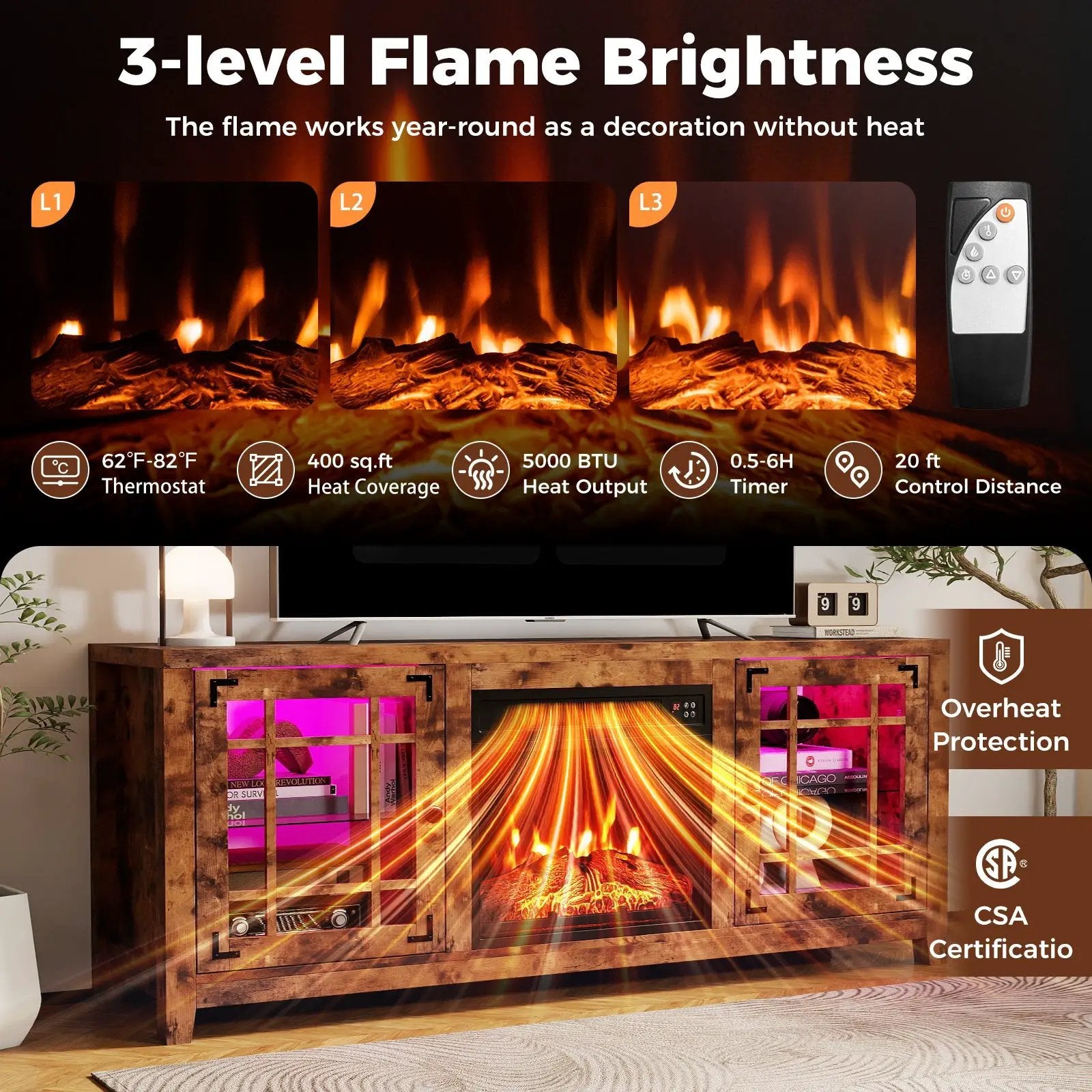 58" Fireplace TV Stand with LED Lights and 18" Electric Fireplace by DirectDeals