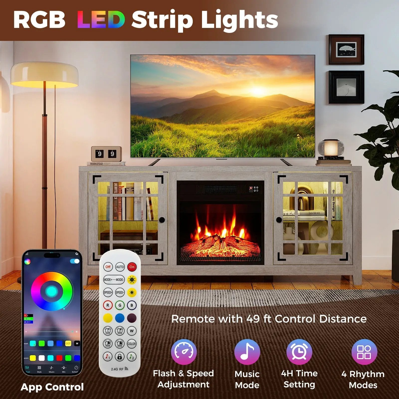 58" Fireplace TV Stand with LED Lights and 18" Electric Fireplace by DirectDeals