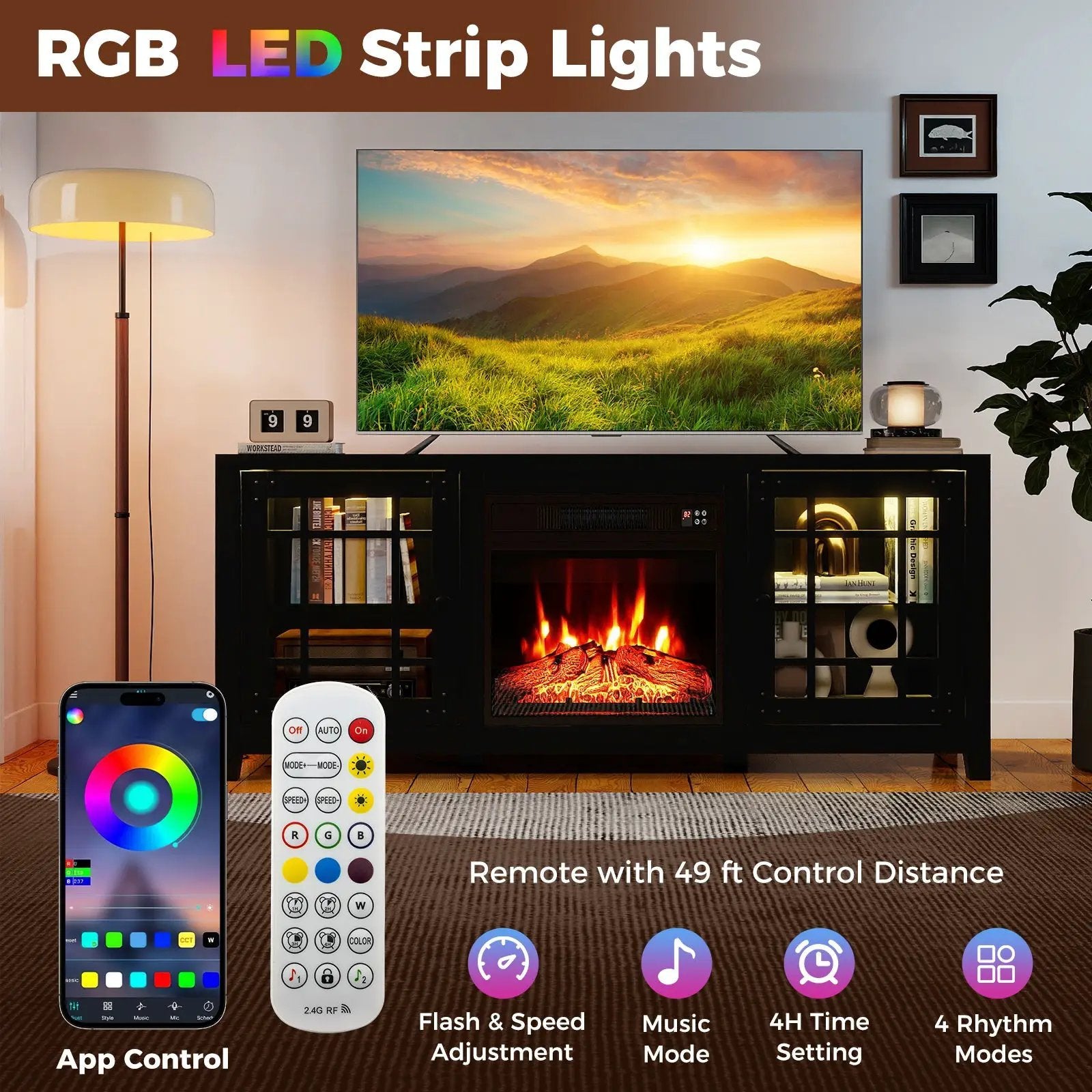 58" Fireplace TV Stand with LED Lights and 18" Electric Fireplace by DirectDeals