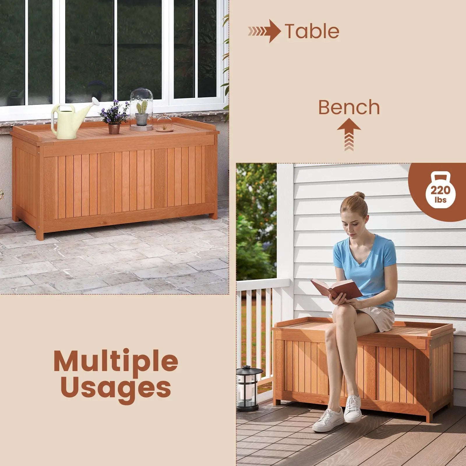 58 Gallon 3-in-1 Patio Wood Deck Box with Flip Top for Cushions by DirectDeals
