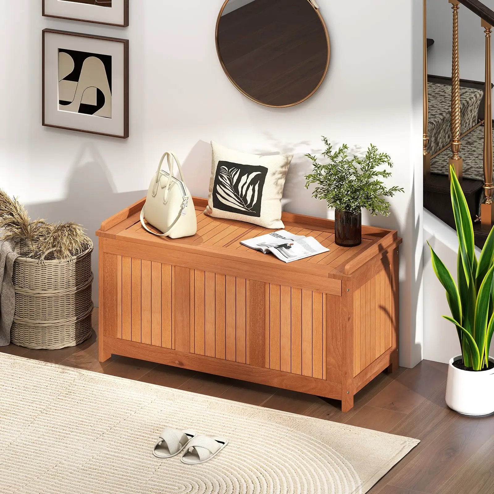 58 Gallon 3-in-1 Patio Wood Deck Box with Flip Top for Cushions by DirectDeals