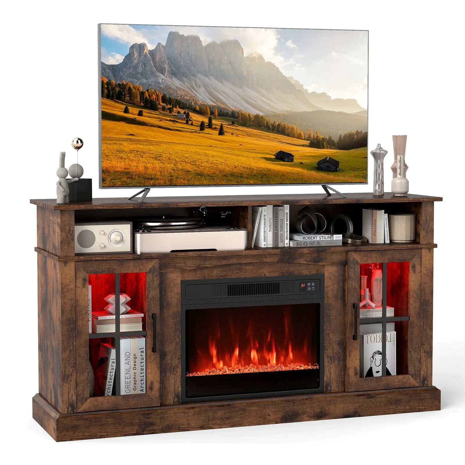 58 Inch Fireplace TV Stand with LED Lights with Storage Cabinets and Glass Doors by DirectDeals