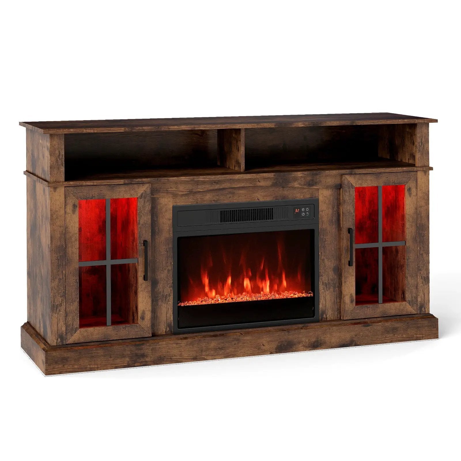 58 Inch Fireplace TV Stand with LED Lights with Storage Cabinets and Glass Doors by DirectDeals