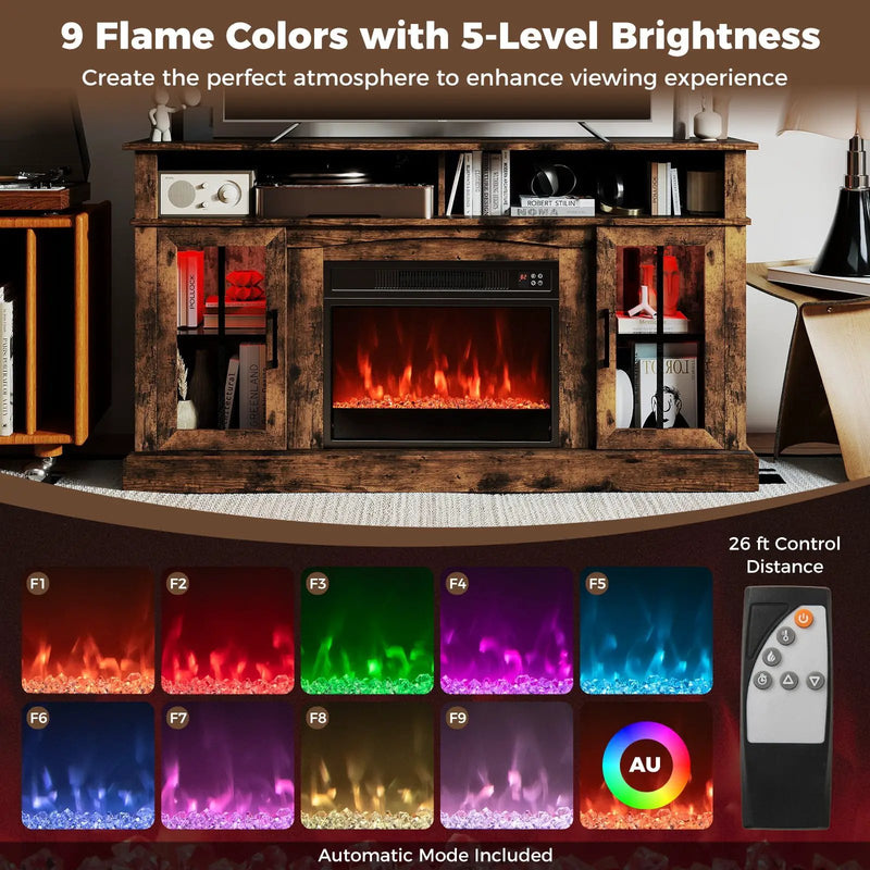 58 Inch Fireplace TV Stand with LED Lights with Storage Cabinets and Glass Doors by DirectDeals