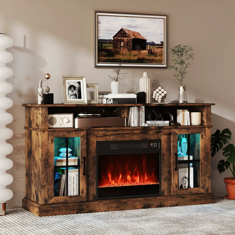 58 Inch Fireplace TV Stand with LED Lights with Storage Cabinets and Glass Doors by DirectDeals