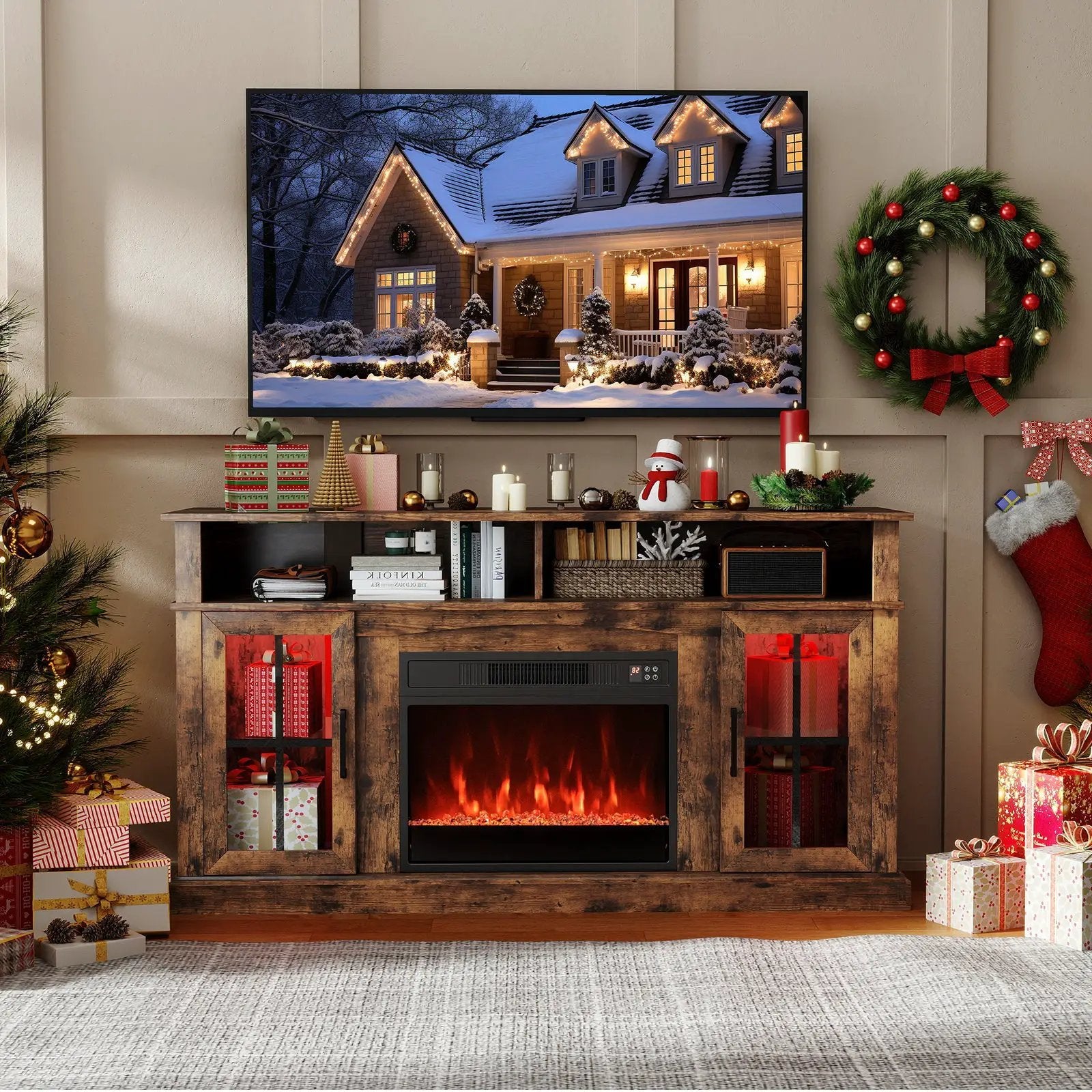 58 Inch Fireplace TV Stand with LED Lights with Storage Cabinets and Glass Doors by DirectDeals