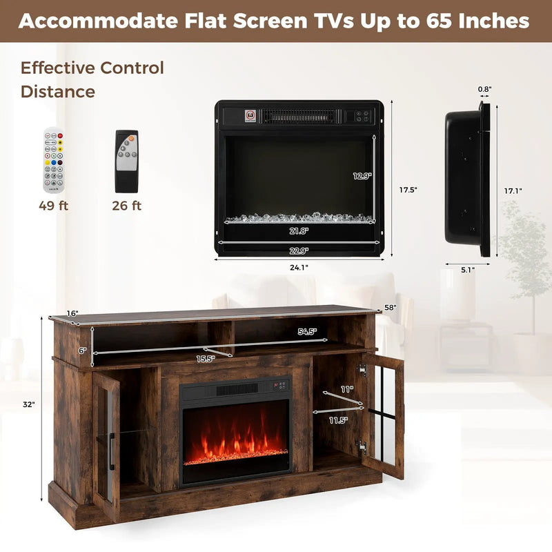58 Inch Fireplace TV Stand with LED Lights with Storage Cabinets and Glass Doors by DirectDeals