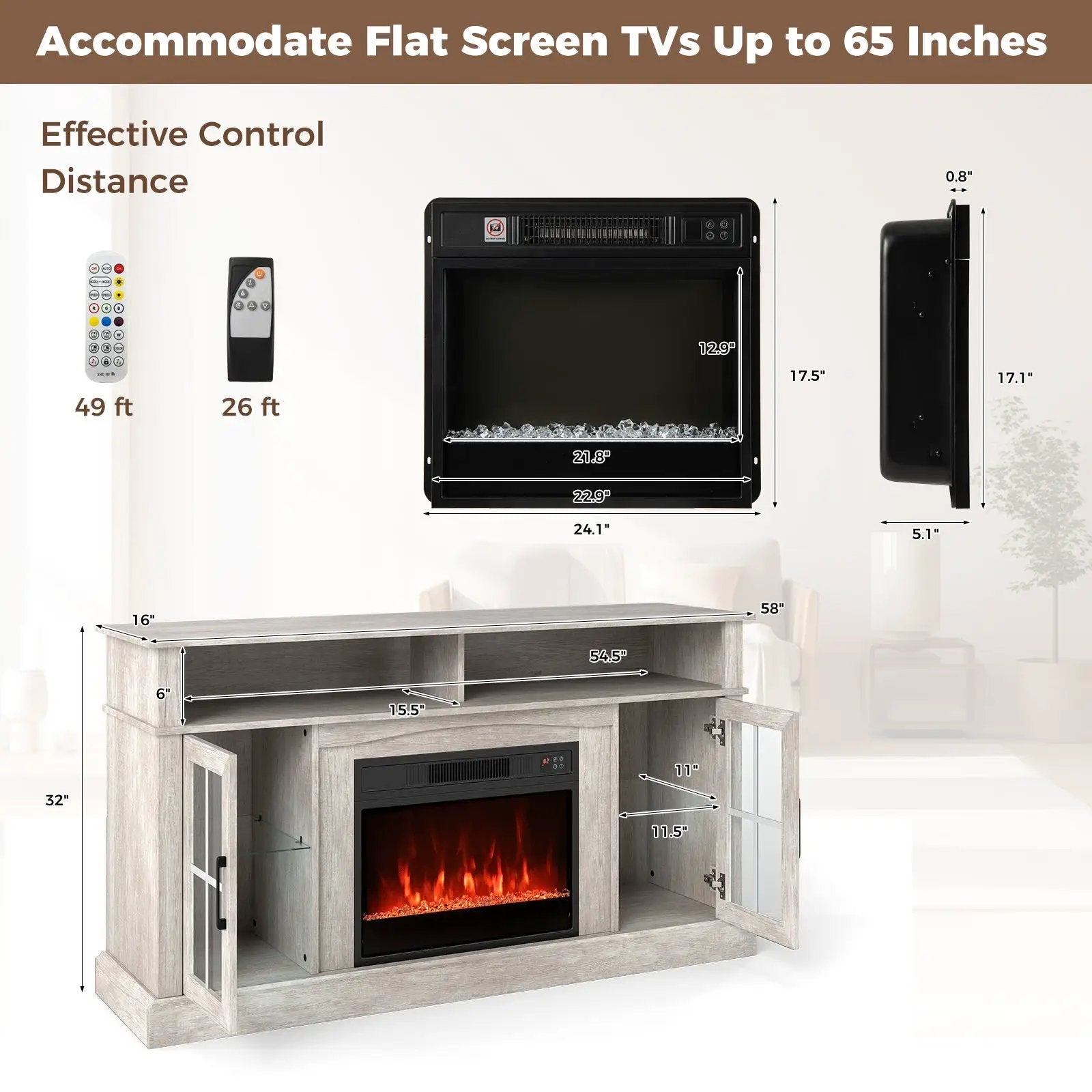 58 Inch Fireplace TV Stand with LED Lights with Storage Cabinets and Glass Doors by DirectDeals