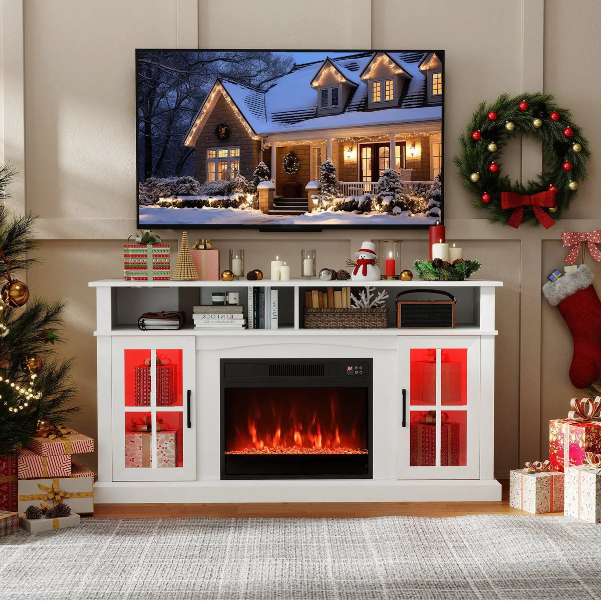 58 Inch Fireplace TV Stand with LED Lights with Storage Cabinets and Glass Doors by DirectDeals