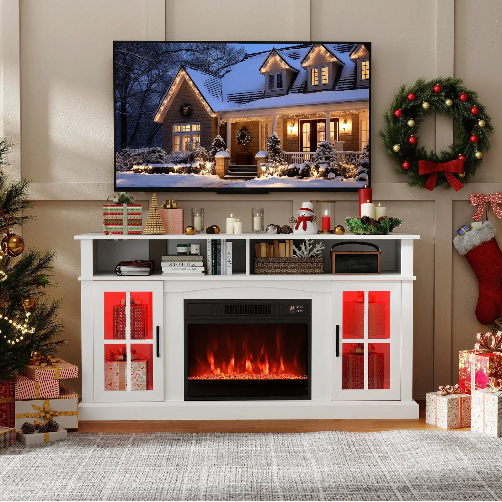 58 Inch Fireplace TV Stand with LED Lights with Storage Cabinets and Glass Doors by DirectDeals