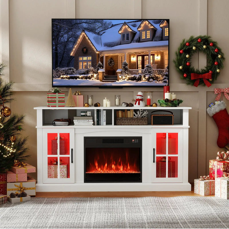 58 Inch Fireplace TV Stand with LED Lights with Storage Cabinets and Glass Doors by DirectDeals