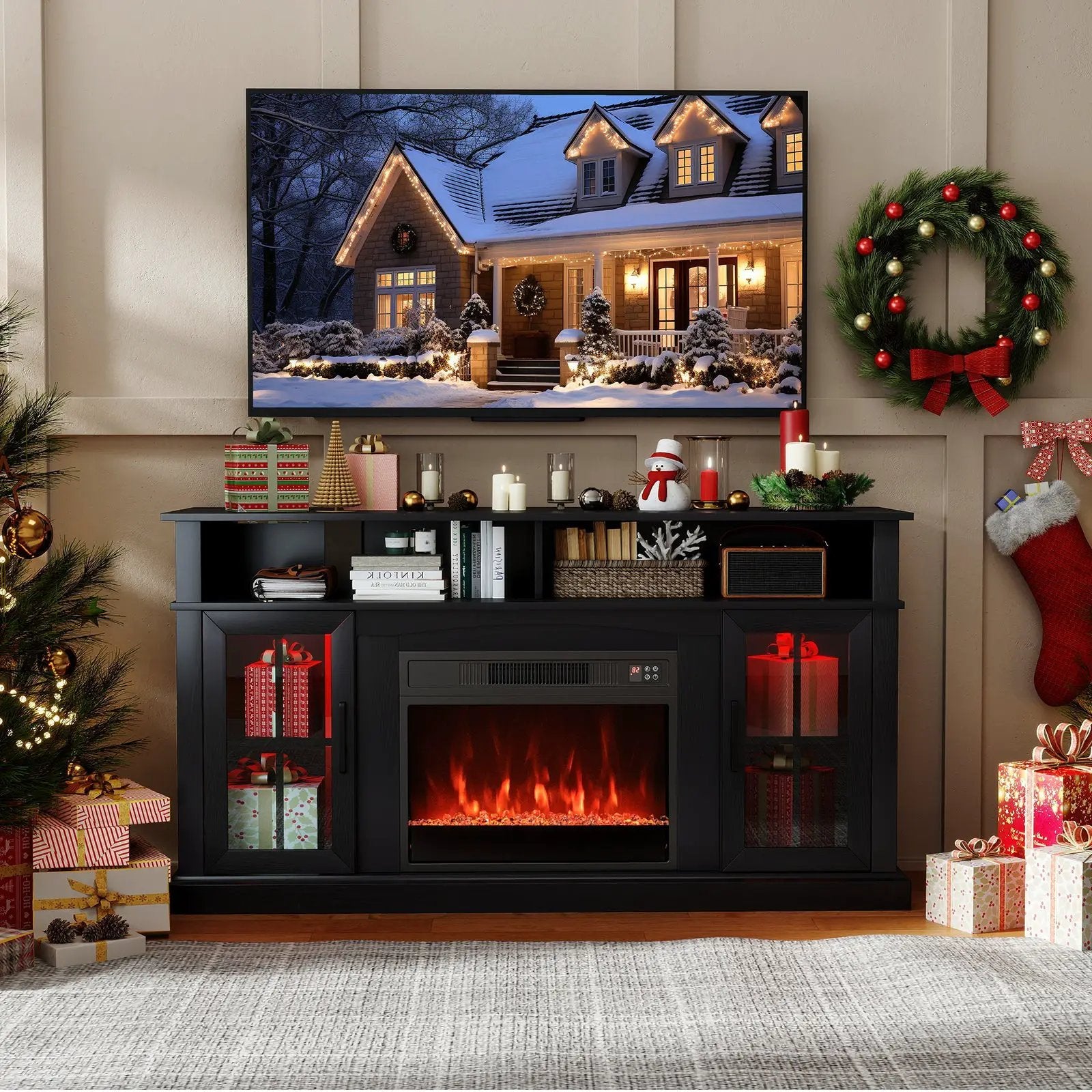 58 Inch Fireplace TV Stand with LED Lights with Storage Cabinets and Glass Doors by DirectDeals