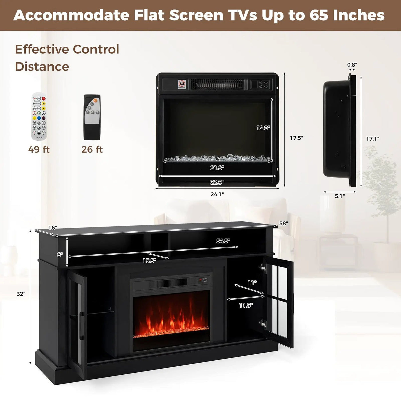 58 Inch Fireplace TV Stand with LED Lights with Storage Cabinets and Glass Doors by DirectDeals