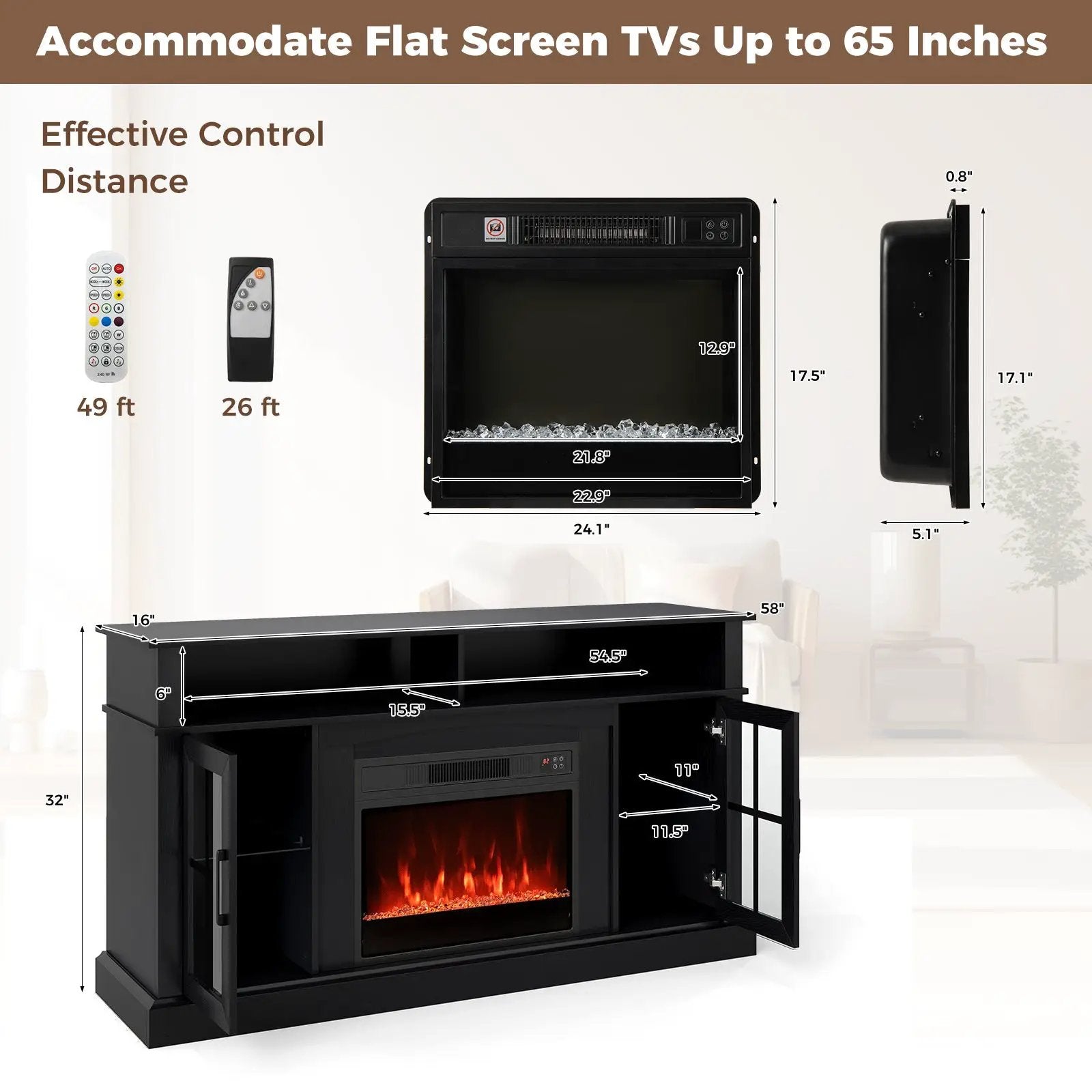 58 Inch Fireplace TV Stand with LED Lights with Storage Cabinets and Glass Doors by DirectDeals