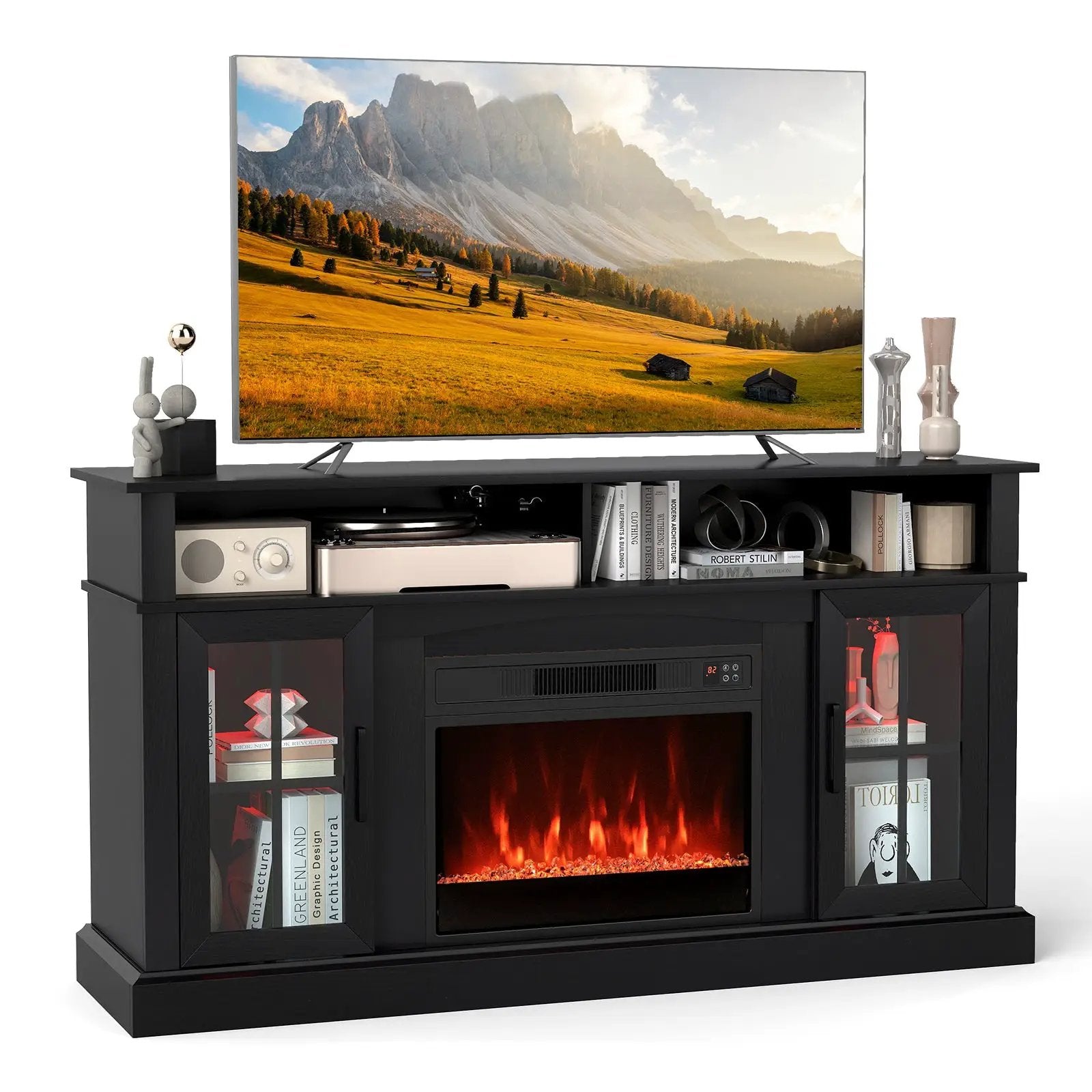 58 Inch Fireplace TV Stand with LED Lights with Storage Cabinets and Glass Doors by DirectDeals