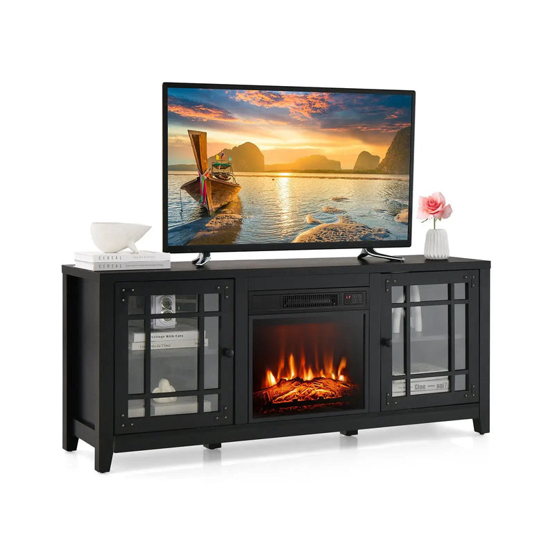 58 Inch Fireplace TV Stand with Adjustable Shelves for TVs up to 65 Inch-Black by DirectDeals