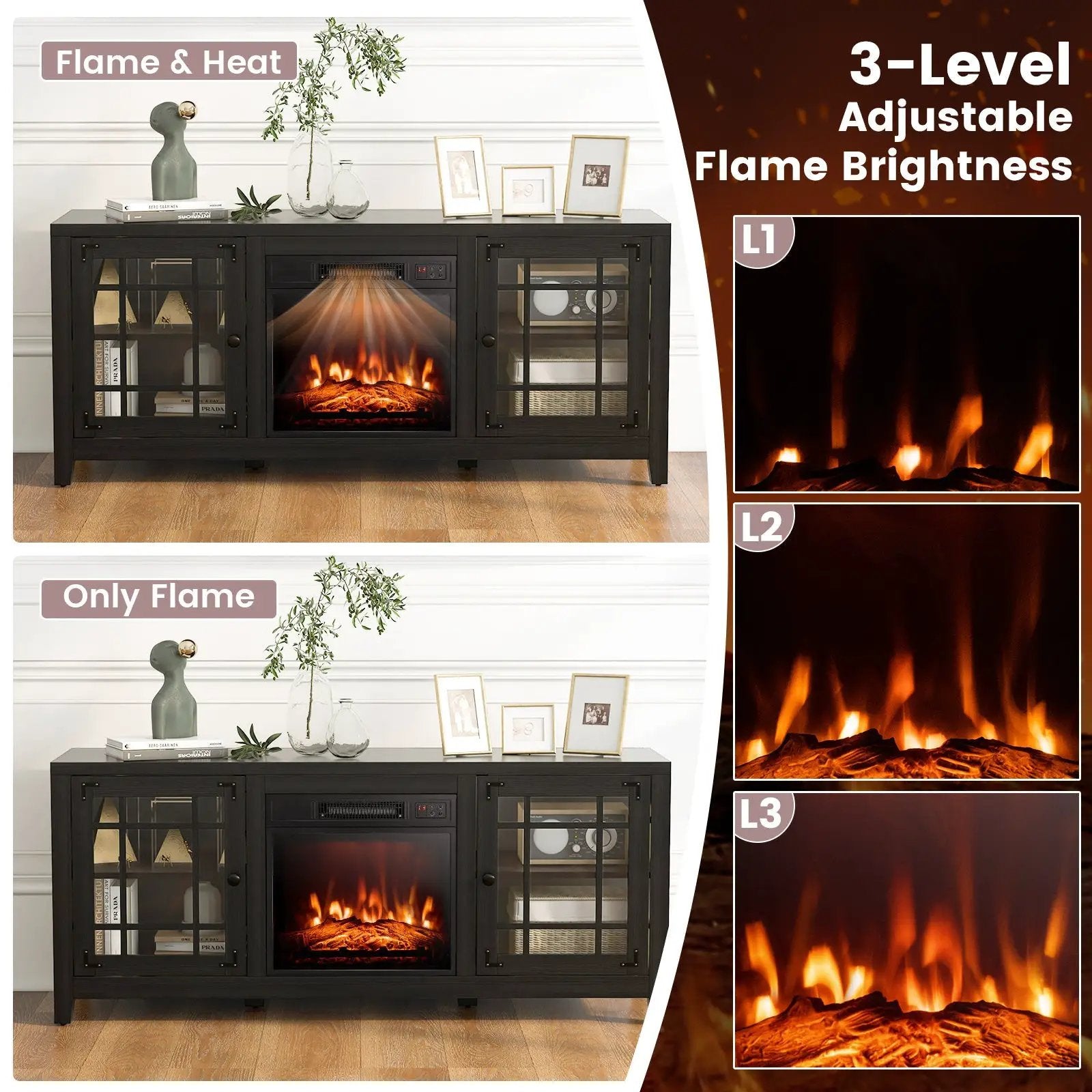 58 Inch Fireplace TV Stand with Adjustable Shelves for TVs up to 65 Inch-Black by DirectDeals
