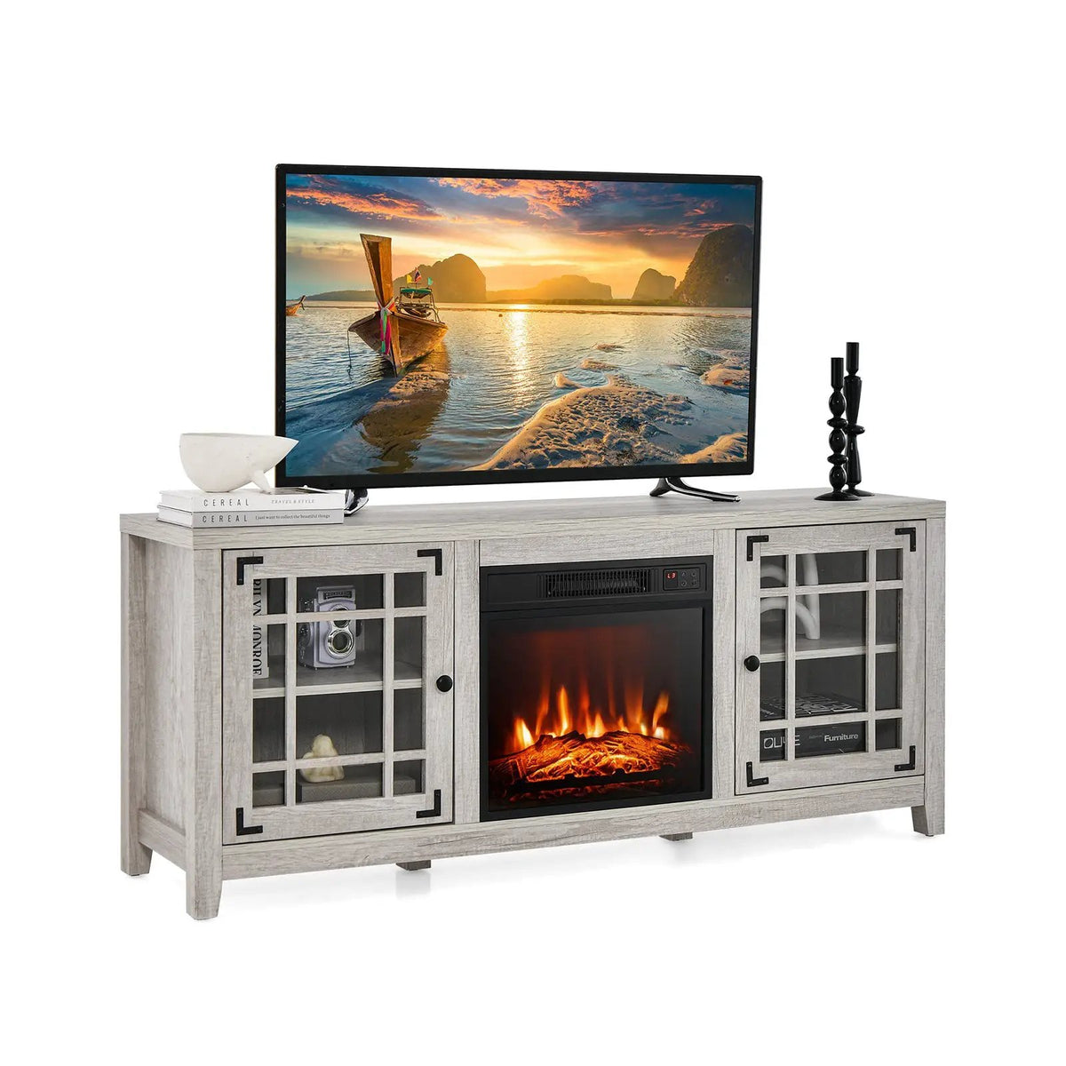 58 Inch Fireplace TV Stand with Adjustable Shelves for TVs up to 65 Inch-Natural by DirectDeals