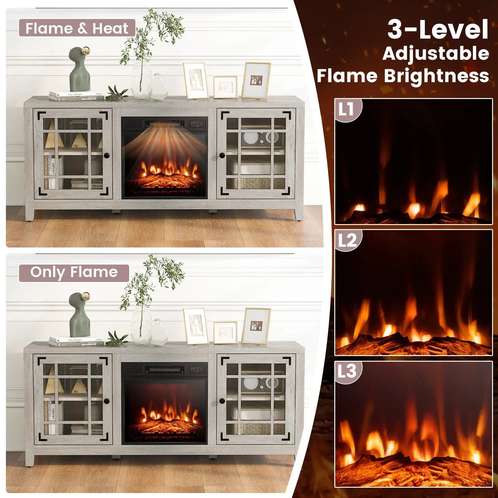 58 Inch Fireplace TV Stand with Adjustable Shelves for TVs up to 65 Inch-Natural by DirectDeals