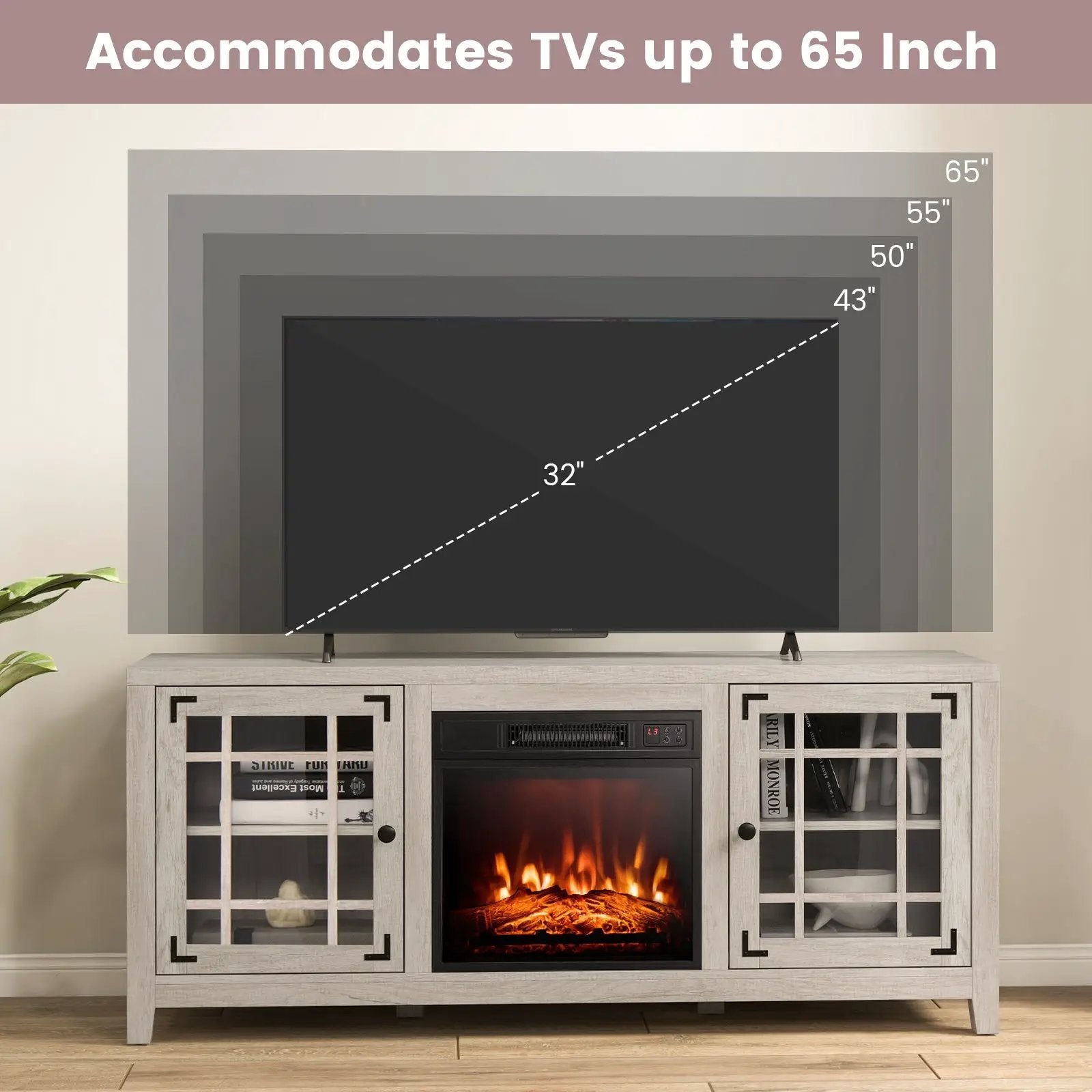 58 Inch Fireplace TV Stand with Adjustable Shelves for TVs up to 65 Inch-Natural by DirectDeals