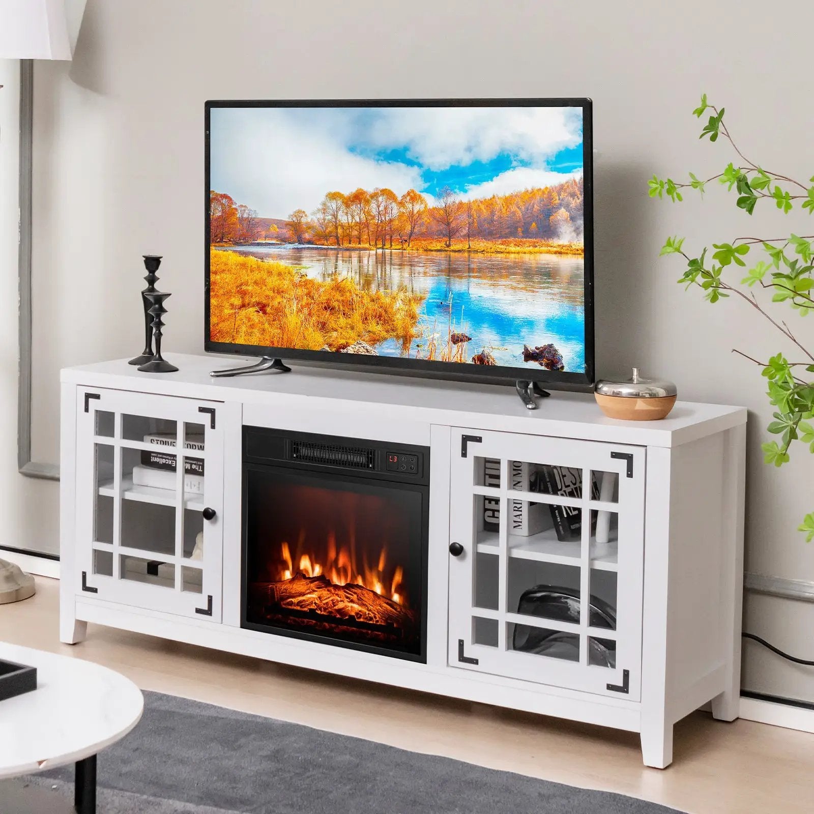58 Inch Fireplace TV Stand with Adjustable Shelves for TVs up to 65 Inch-White by DirectDeals