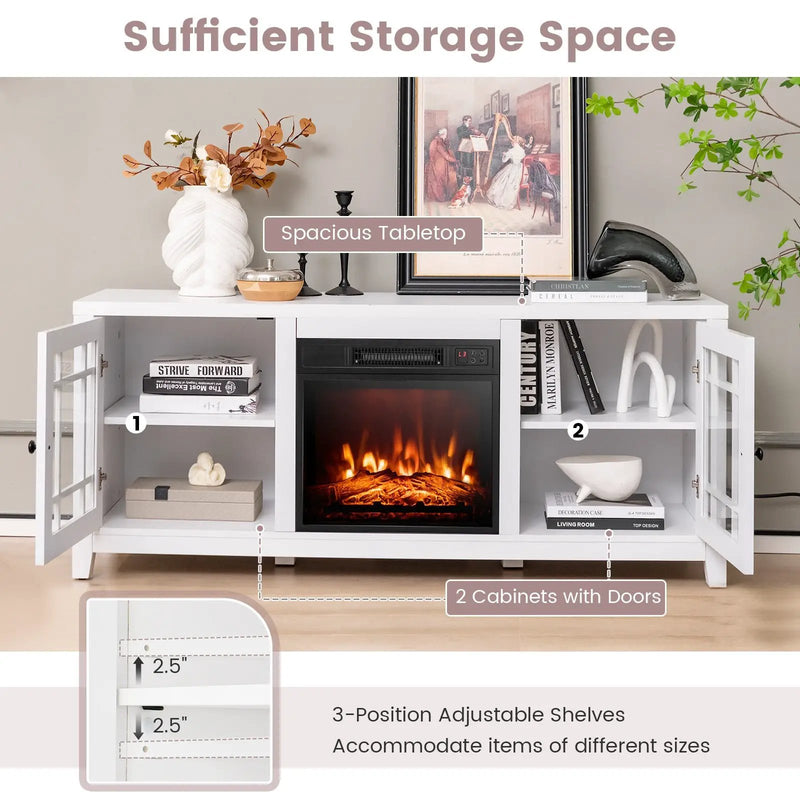 58 Inch Fireplace TV Stand with Adjustable Shelves for TVs up to 65 Inch-White by DirectDeals