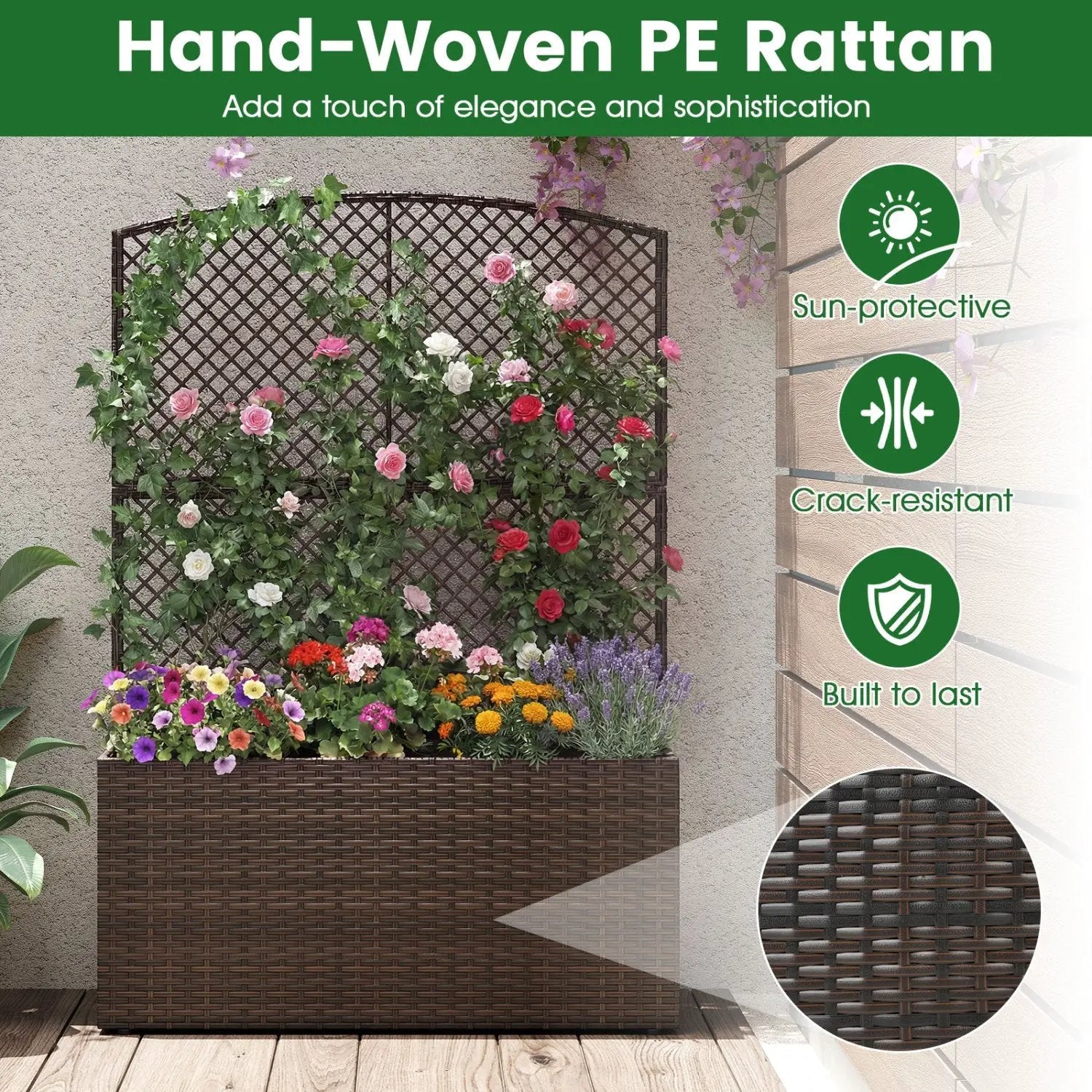 58 Inch Raised Garden Bed with Trellis and Wicker Planter Box by DirectDeals