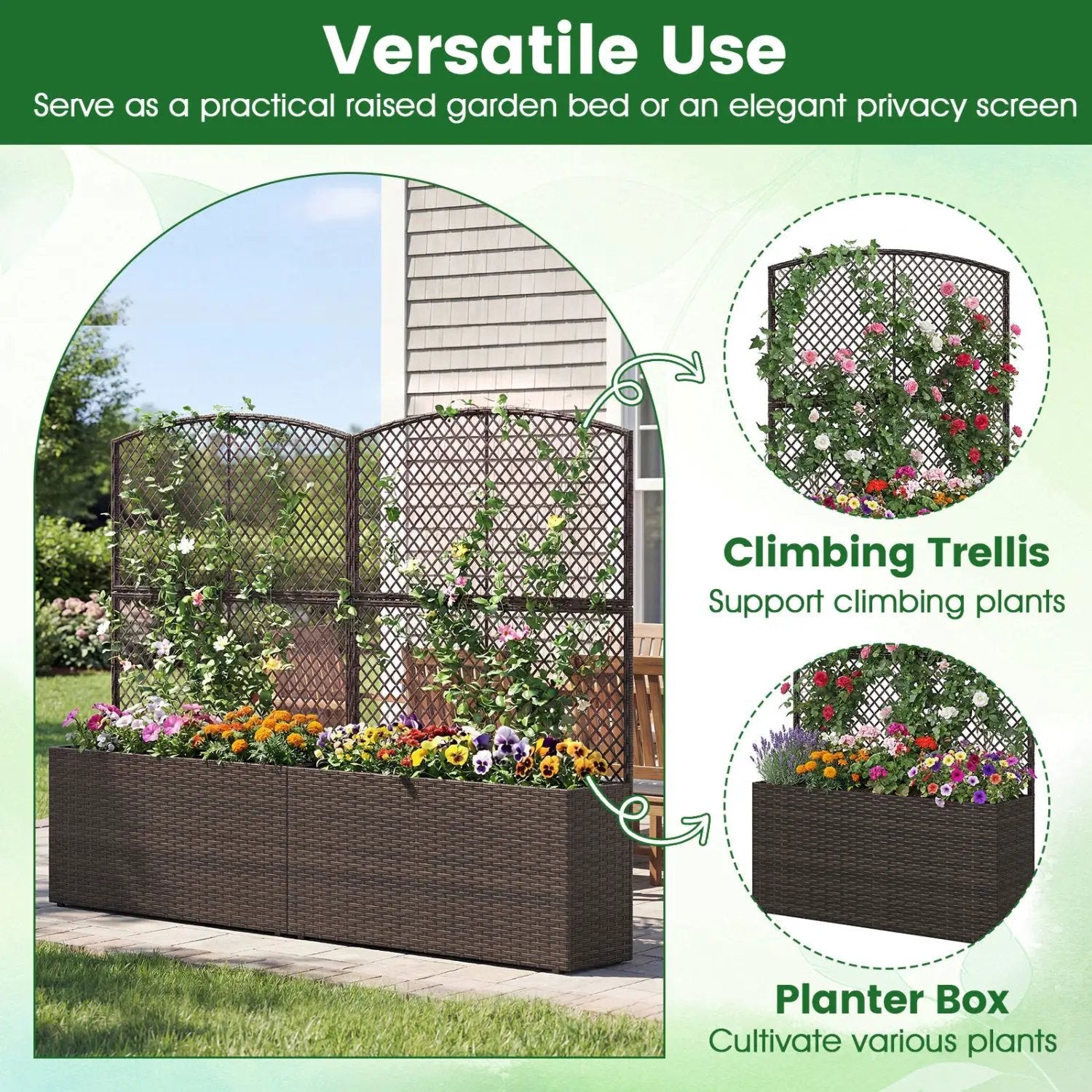 58 Inch Raised Garden Bed with Trellis and Wicker Planter Box by DirectDeals