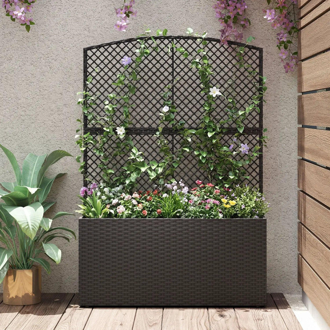 58 Inch Raised Garden Bed with Trellis and Wicker Planter Box by DirectDeals