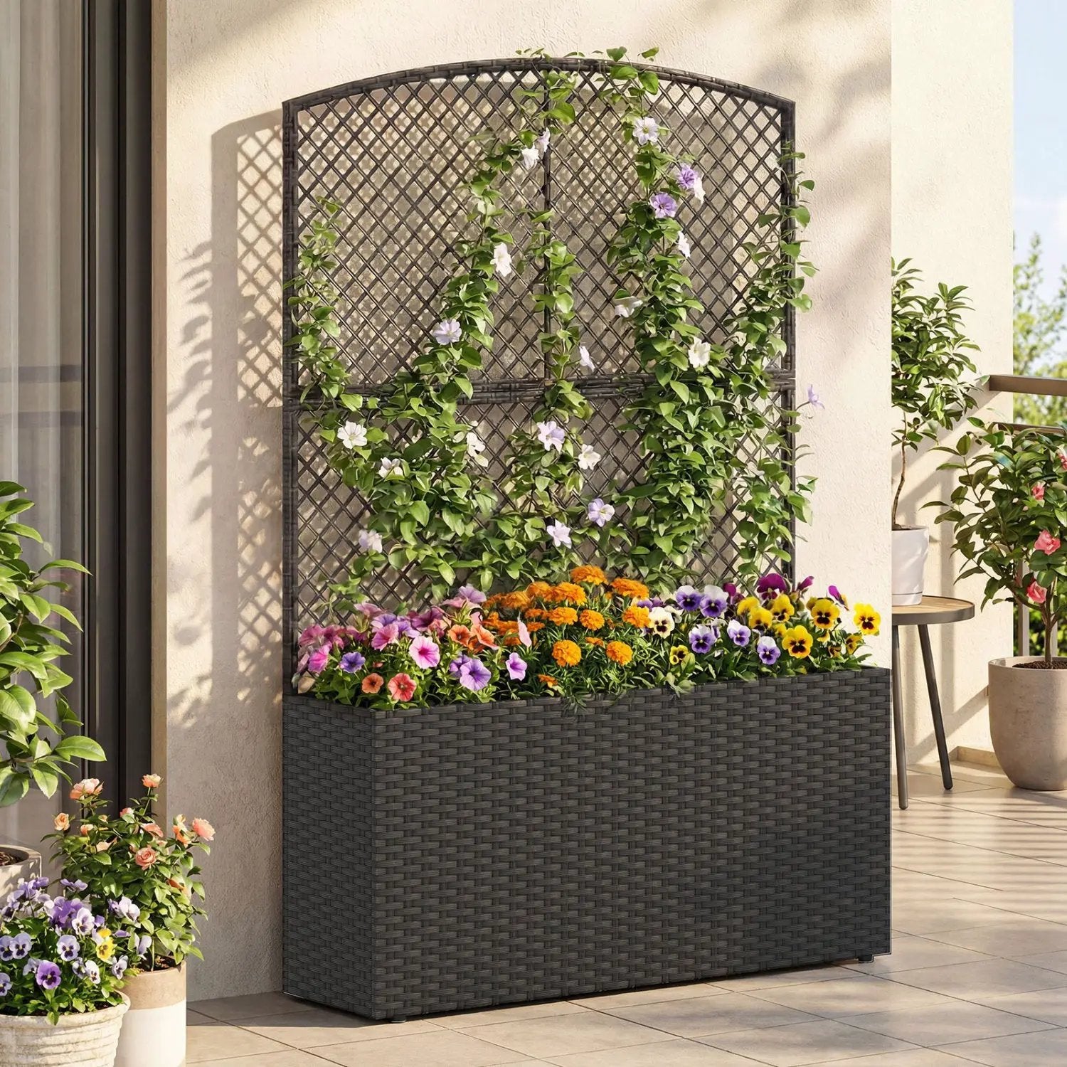 58 Inch Raised Garden Bed with Trellis and Wicker Planter Box by DirectDeals