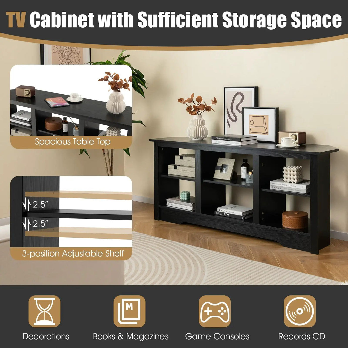 58 Inch TV Stand with 6 Open Storage Shelves for TVs up to 65 Inches by DirectDeals