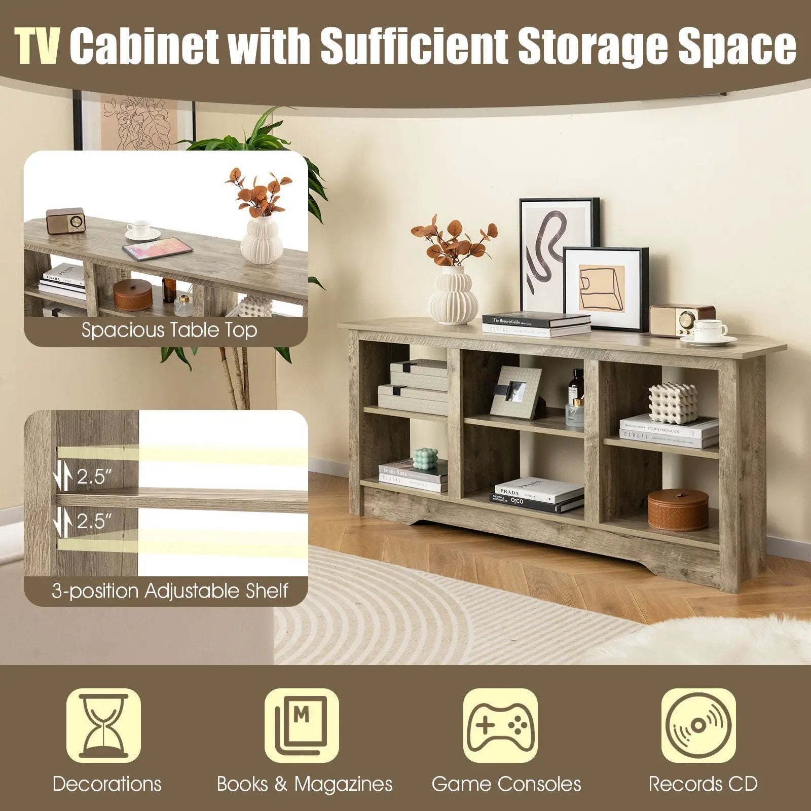 58 Inch TV Stand with 6 Open Storage Shelves for TVs up to 65 Inches by DirectDeals
