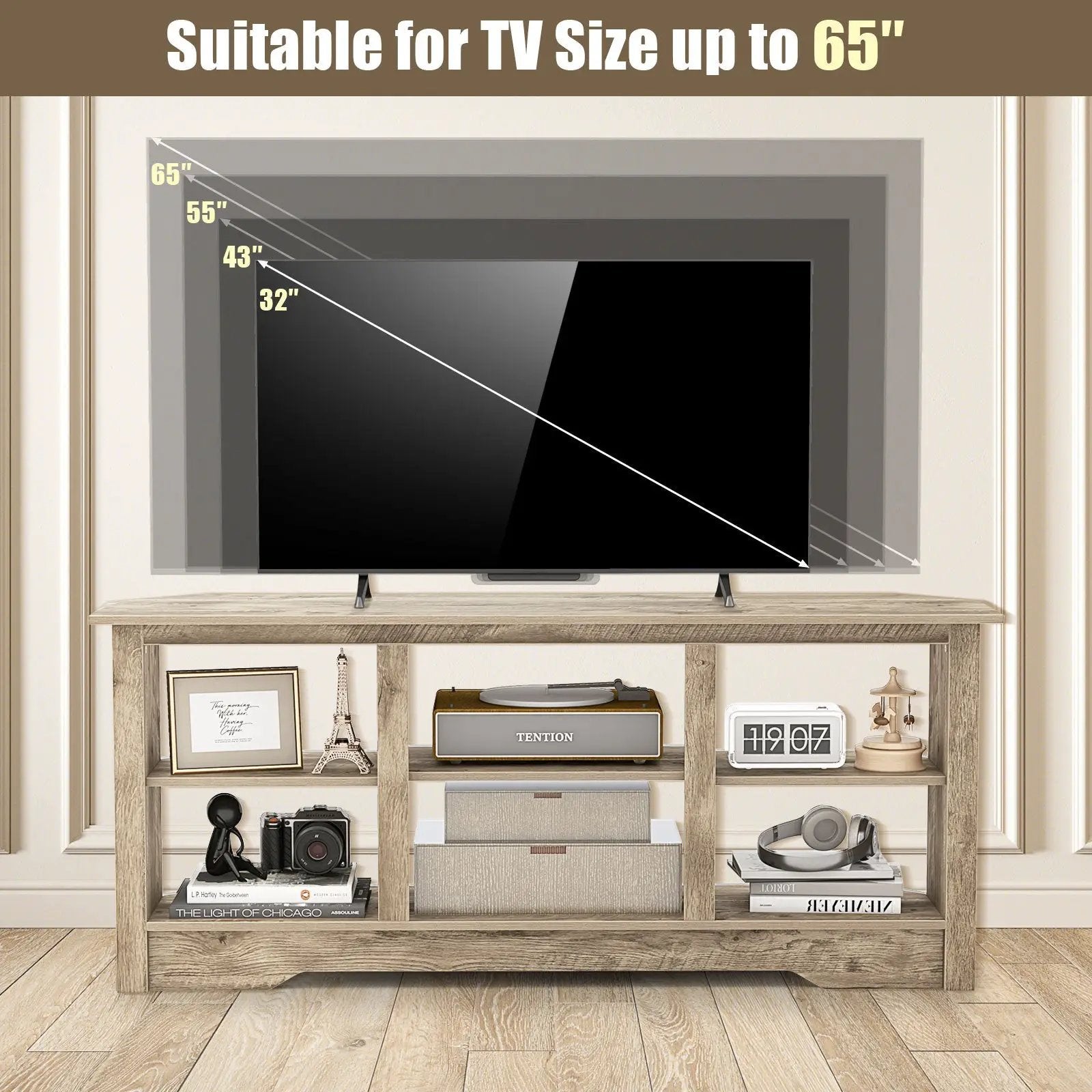 58 Inch TV Stand with 6 Open Storage Shelves for TVs up to 65 Inches by DirectDeals
