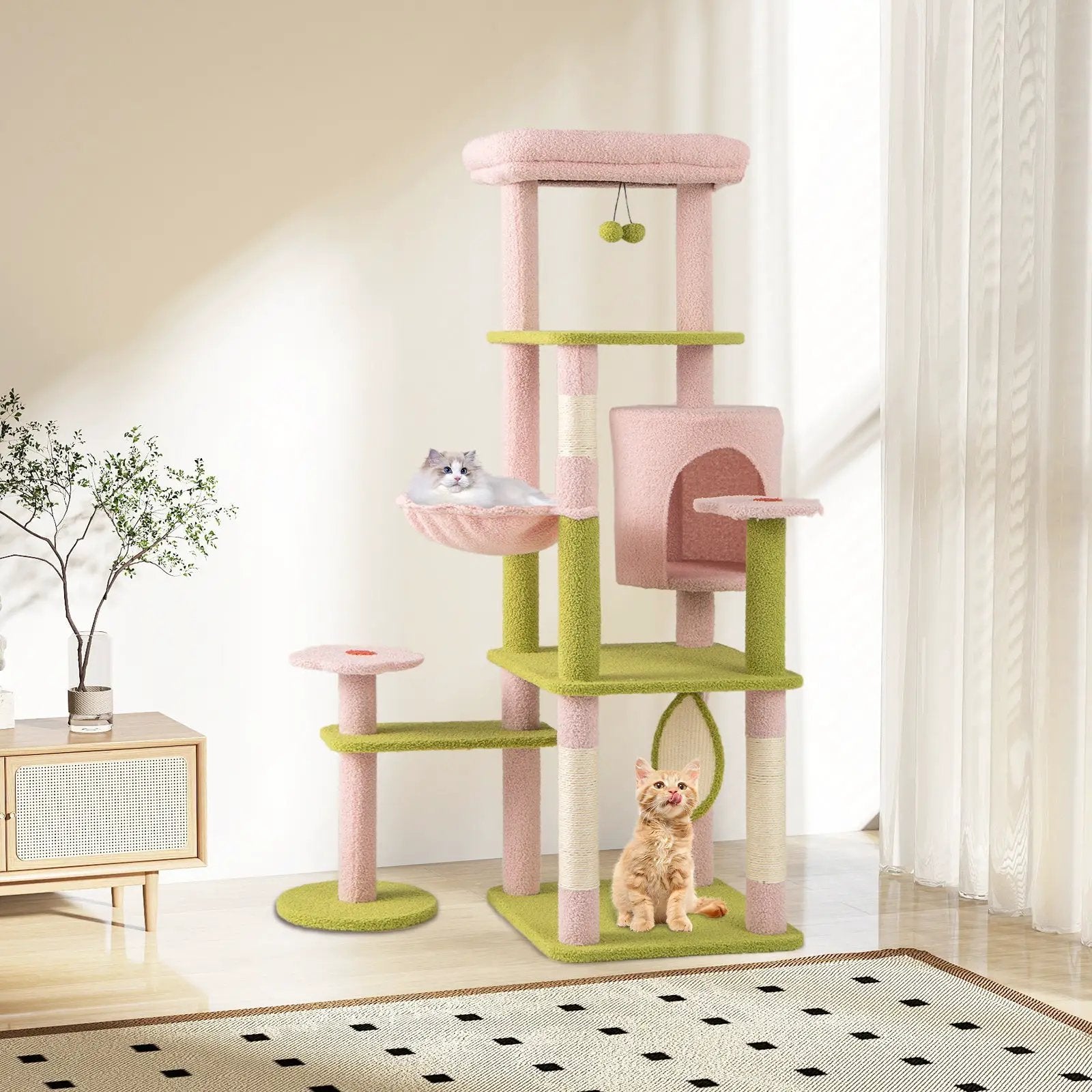 58 Inch Tall Multi-Level Cat Tree Aesthetic Floral Kitten Tower-Pink by DirectDeals