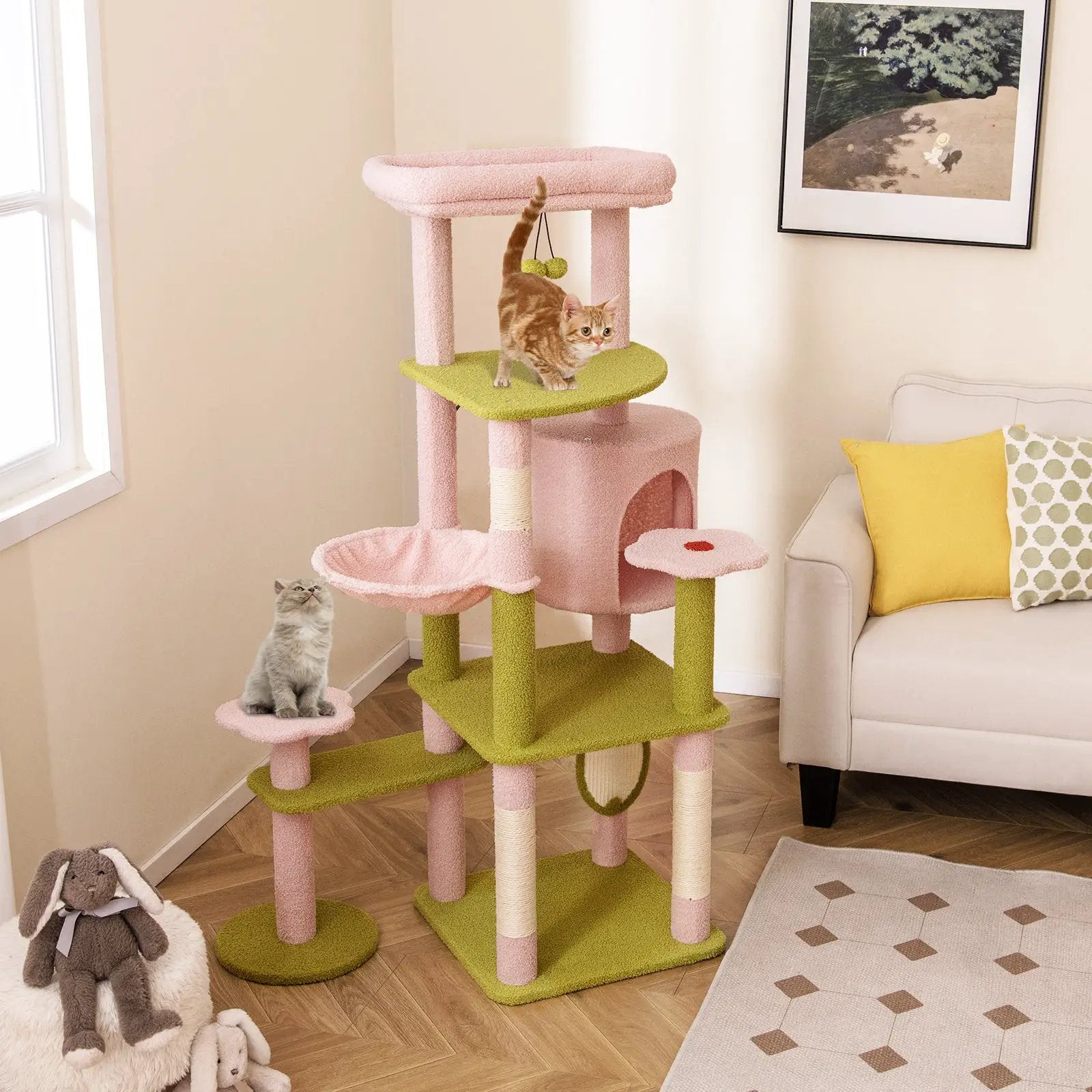 58 Inch Tall Multi-Level Cat Tree Aesthetic Floral Kitten Tower-Pink by DirectDeals