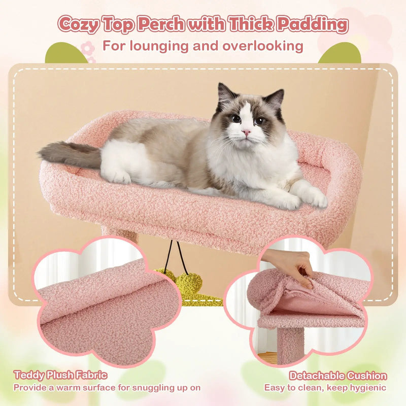 58 Inch Tall Multi-Level Cat Tree Aesthetic Floral Kitten Tower-Pink by DirectDeals