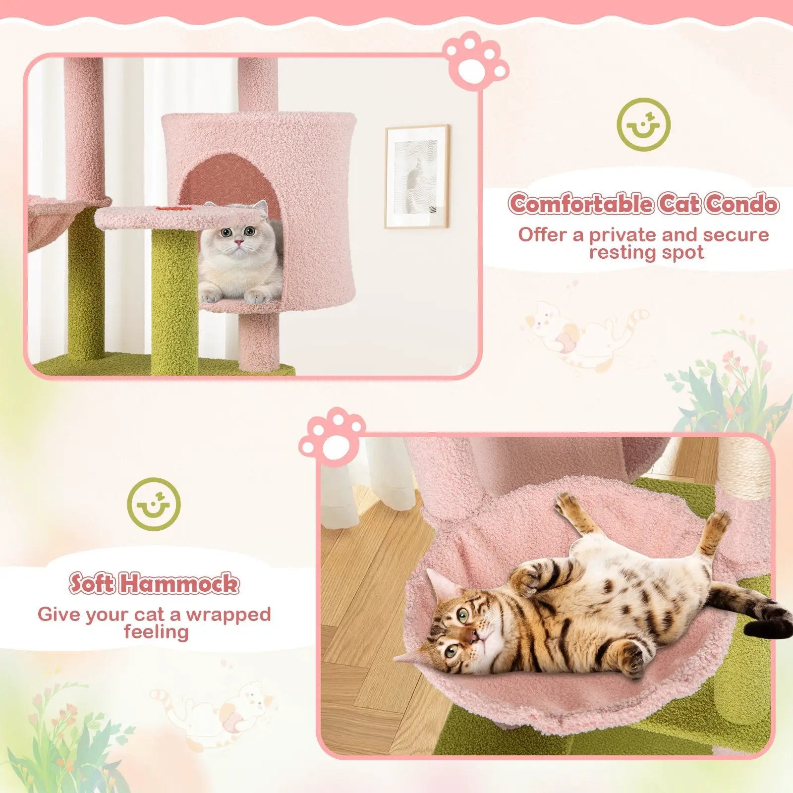 58 Inch Tall Multi-Level Cat Tree Aesthetic Floral Kitten Tower-Pink by DirectDeals