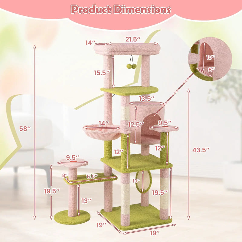 58 Inch Tall Multi-Level Cat Tree Aesthetic Floral Kitten Tower-Pink by DirectDeals