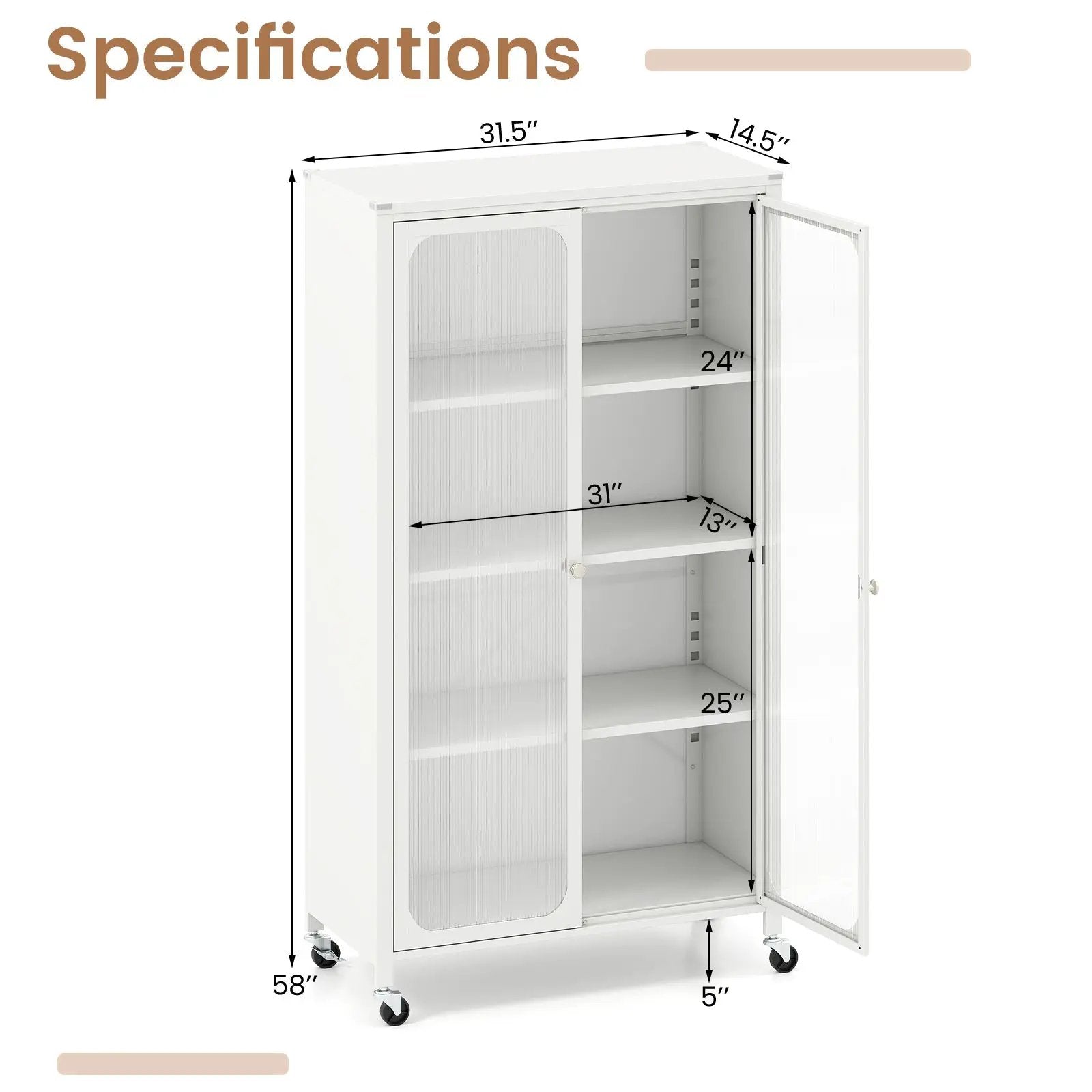 58 Inches Bookcase with Adjustable Shelves and Lockable Wheels-White by DirectDeals