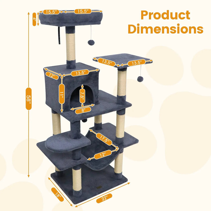 58" Multi-Level Cat Tree Soft Plush Cat Tower with Padded Top Perch by DirectDeals