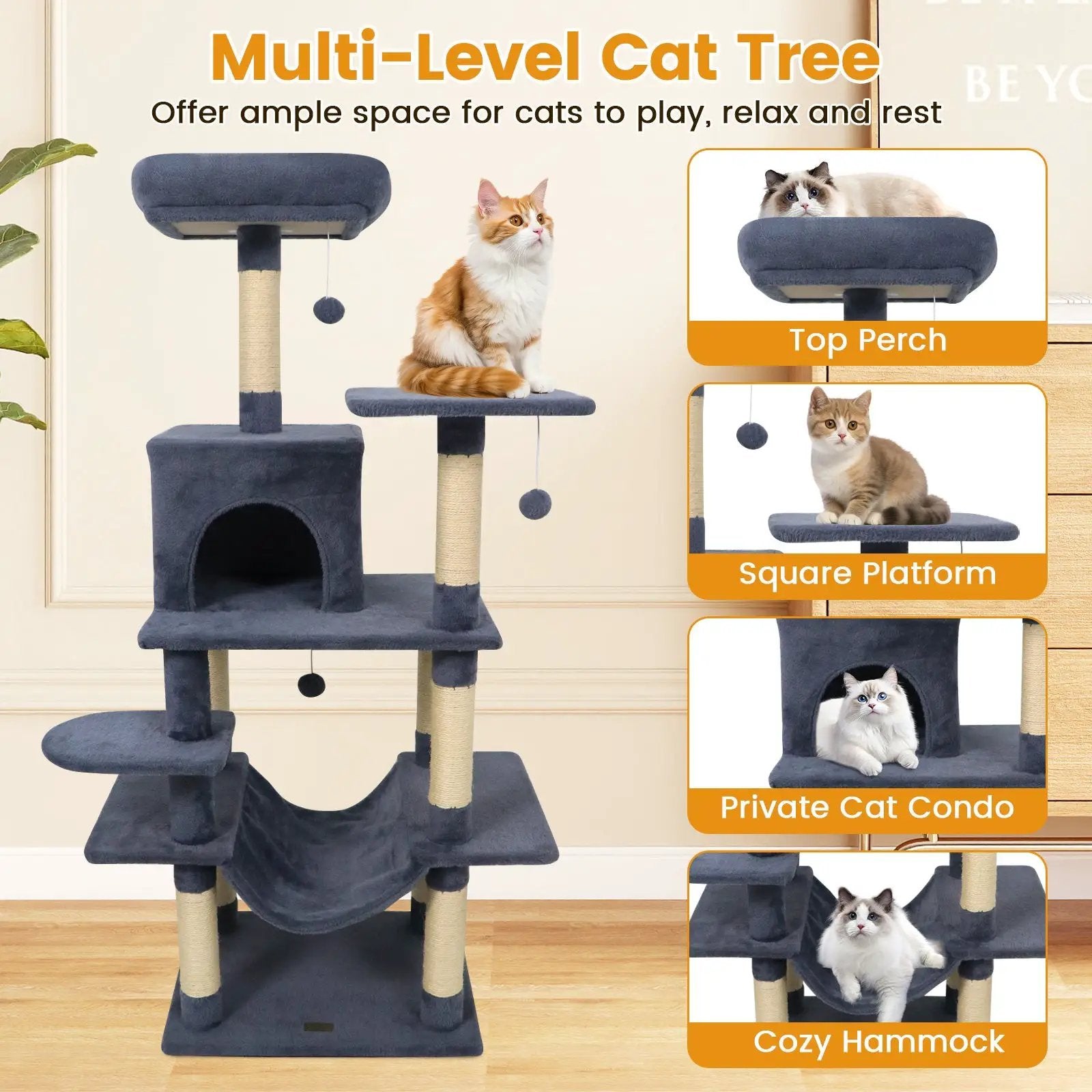 58" Multi-Level Cat Tree Soft Plush Cat Tower with Padded Top Perch by DirectDeals