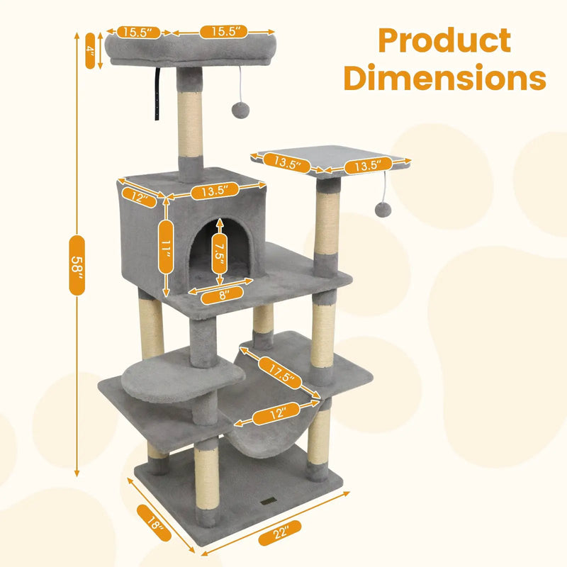 58" Multi-Level Cat Tree Soft Plush Cat Tower with Padded Top Perch by DirectDeals