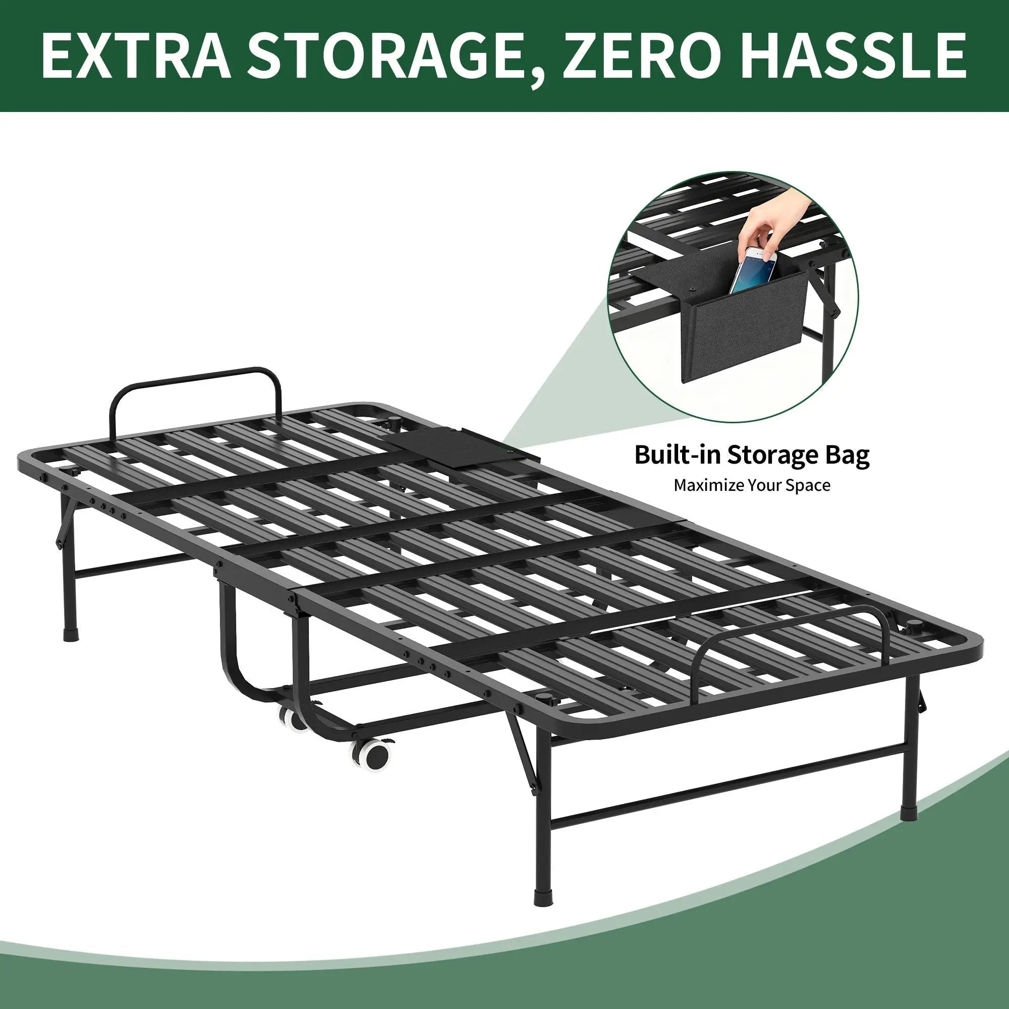 Twin Folding Bed With Memory Foam Mattress, Space Saving Rollaway Guest, On Wheels, Portable For Adults & Guests - Black by Unique Piece Furniture
