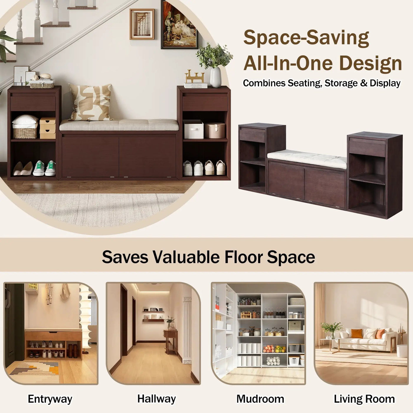 Entryway Storage Bench With Cushion, Drawers & Open Shelves by HouseOfZazla